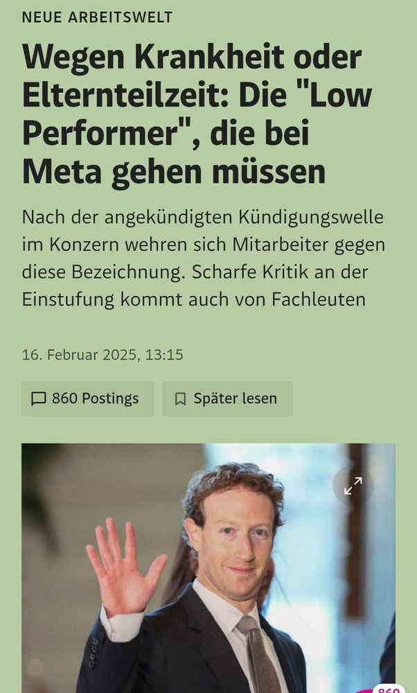 Ein Screenshot von einem aktuellen Beitrag des österreichischen Standard (Zeitung). Darin wird von der massenhaften Entlassung von Menschen wegen Krankheit oder Elternzeit berichtet, die der Konzern intern zudem offenbar als "Low-Performer" bezeichnet. 