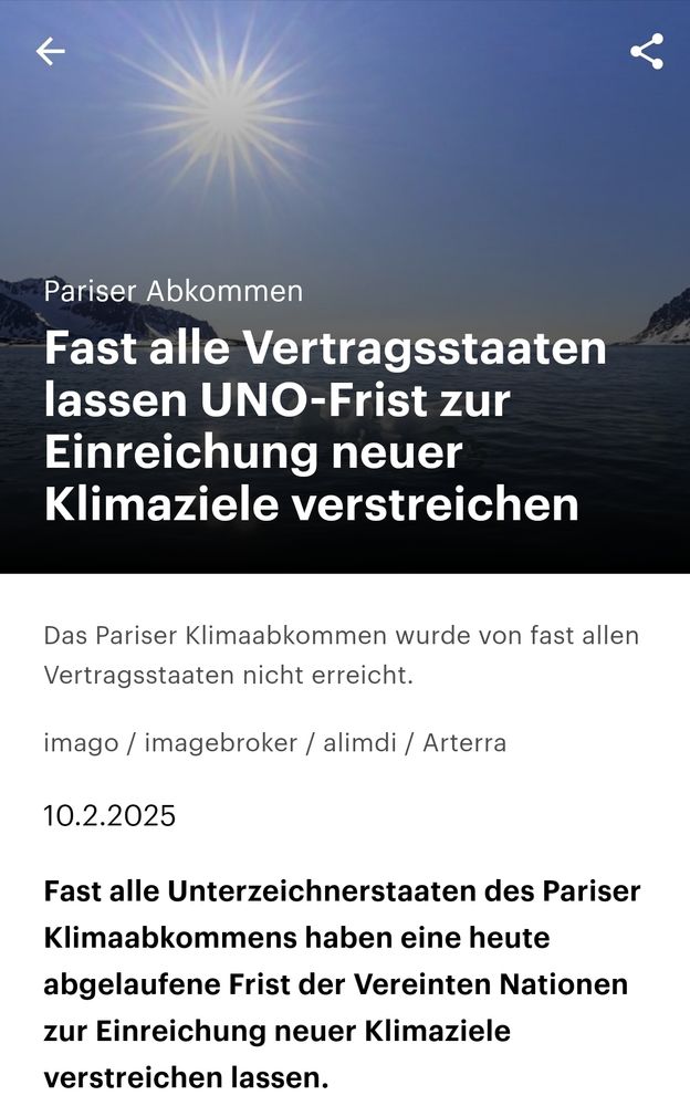 Der Screenshot eines aktuellen Beitrags der Deutschlandfunk-Nachrichten mit dem Titel: "Fast alle Vertragsstaaten lassen UNO-Frist zur Einreichung neuer Klimaziele verstreichen"
