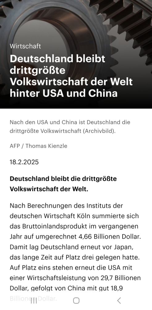 Ein Screenshot von einem aktuellen Beitrag aus den Deutschlandfunk Nachrichten. Demnach bleibt Deutschland gemessen am Wert des Bruttosozialprodukts unverändert drittstärkste Volkswirtschaft und kann den Abstand zu Japan auf Platz 4 trotz Rezession halten. 