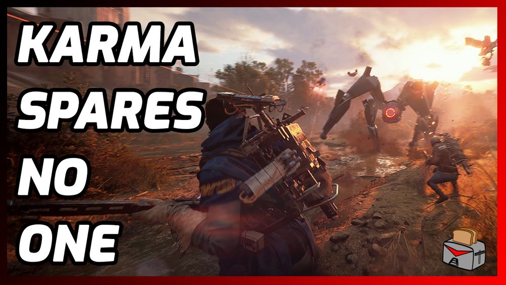 Thumbnail of an Arc Raider being chased by a leaper unit with words overlayed, "Karma Spares No One".