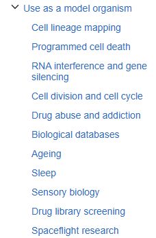 Screencap from the Wikipedia page on C. elegans showing the uses of it as a model organism.