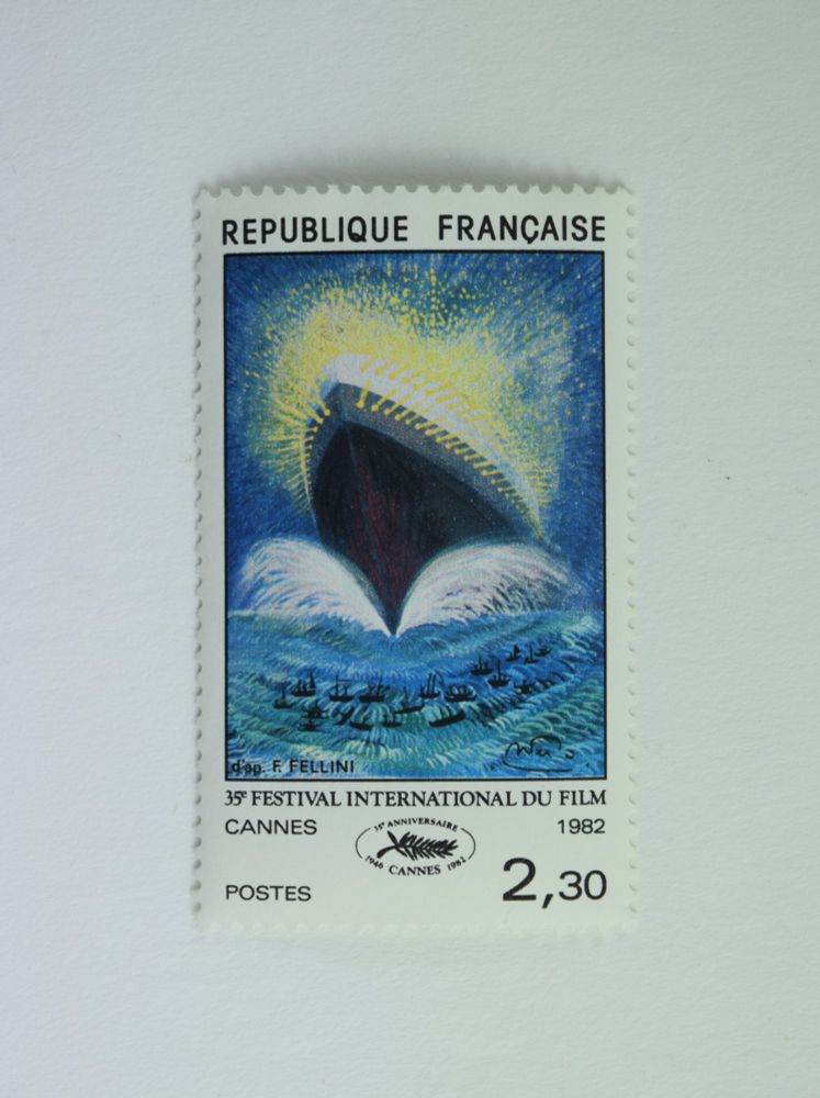French commemorative postage stamp: 35e Festival International du Film, Cannes 1982, showing a large boat breaking through the sea.