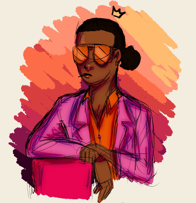 Drawing of a guy wearing a neon pink jacket, a vibrant orange shirt and vibrant orange sunglasses. He has his arm resting on something square that I don't even know what it is, but it's bright pink. The drawing has dark blue-purple lines that work as shadow, and the background is a gradient that goes from dark purple to pink and orange.