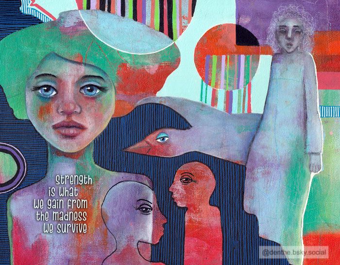 Painting for one of my artcalendars, with several figures and a quote that says 