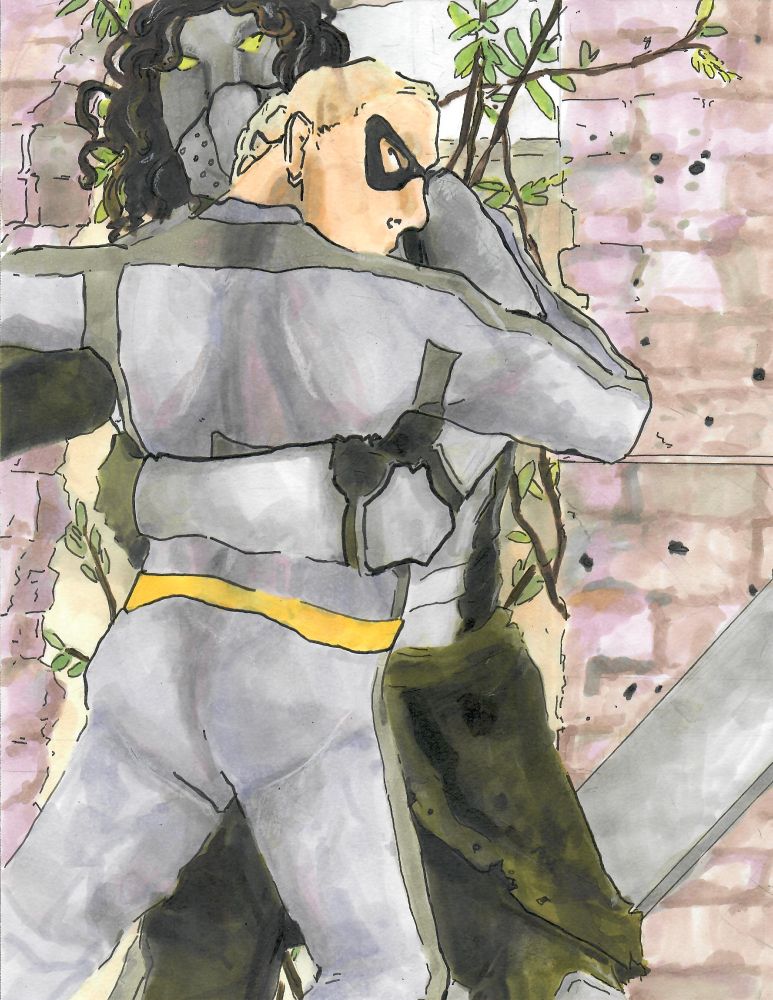 IMAGE ID: A copic marker illustration of Tattletale and Skitter. Tattletale is a blonde girl wearing a purple and dark grey skintight costume, a black domino mask, and a yellow utility belt. She's turned to the camera with her face in profile. Skitter is a girl with curly dark hair and a nearly black green costume, with pale grey armored panels. Her mask is a darker grey and has lime lenses. They're half embracing, half dancing. They stand in front of a pale brown/purple shell of a building with bullet holes in it. A tree is visible behind them.  END ID.