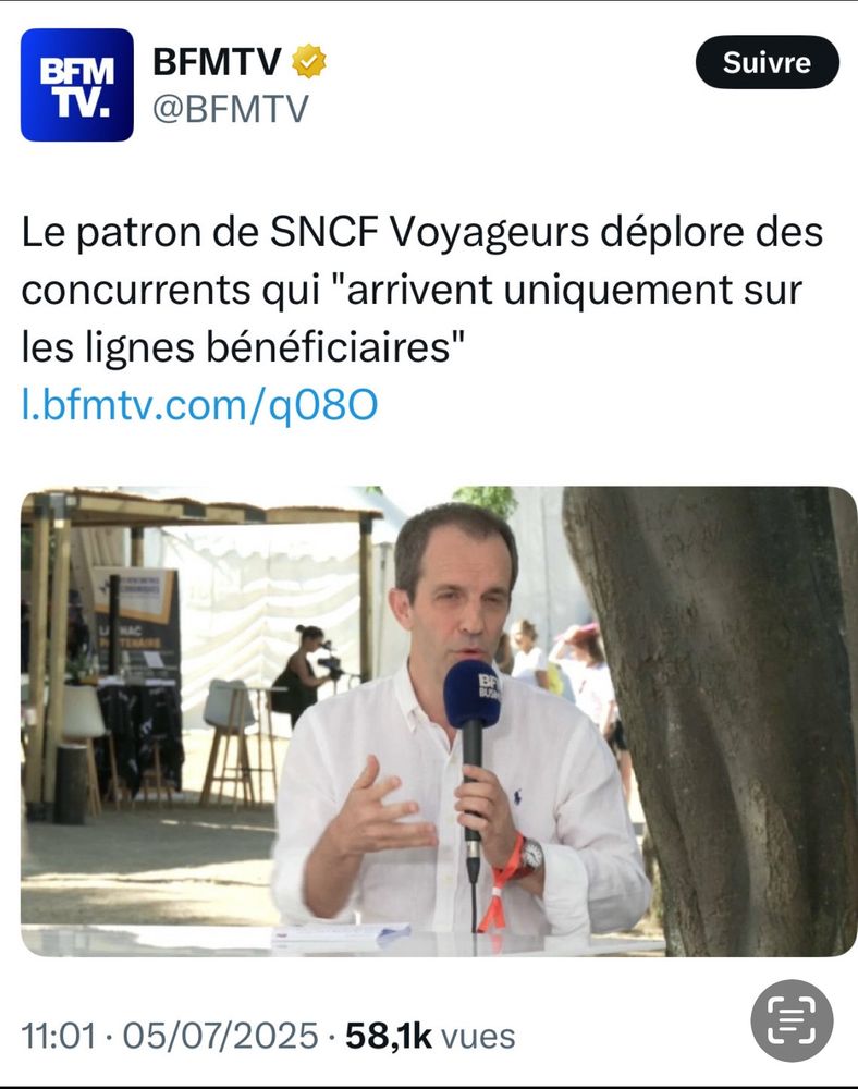 Le patron de SNCF Voyageurs déplore des concurrents qui "arrivent uniquement sur les lignes bénéficiaires".