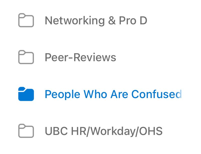 Screenshot of an Outlook inbox folder list. One folder is highlighted in blue and titled “People Who Are Confused,” sitting between folders named “Peer-Reviews” and “UBC HR/Workday/OHS.”