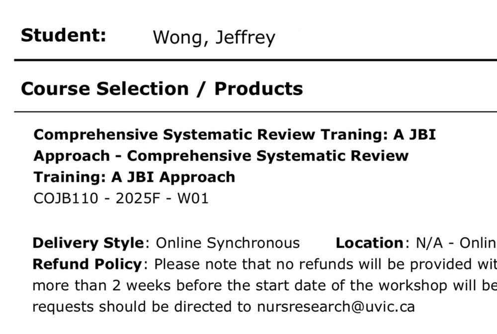 A screenshot of a receipt confirming Jeffrey Wong’s registration for the University of Victoria’s online synchronous course, Comprehensive Systematic Review Training: A JBI Approach (COJB110 – 2025F – W01).