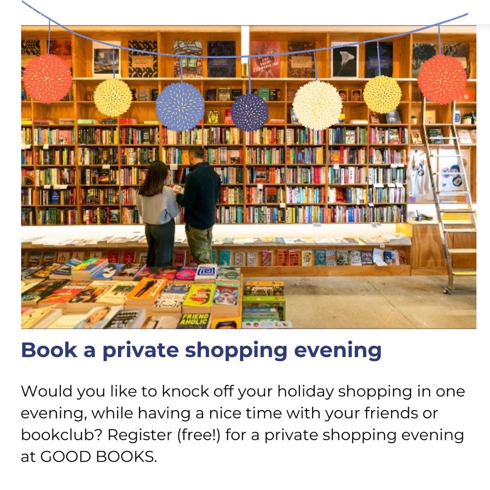 Book a private shopping evening
Would you like to knock off your holiday shopping in one evening, while having a nice time with your friends or bookclub? Register (free!) for a private shopping evening at GOOD BOOKS.