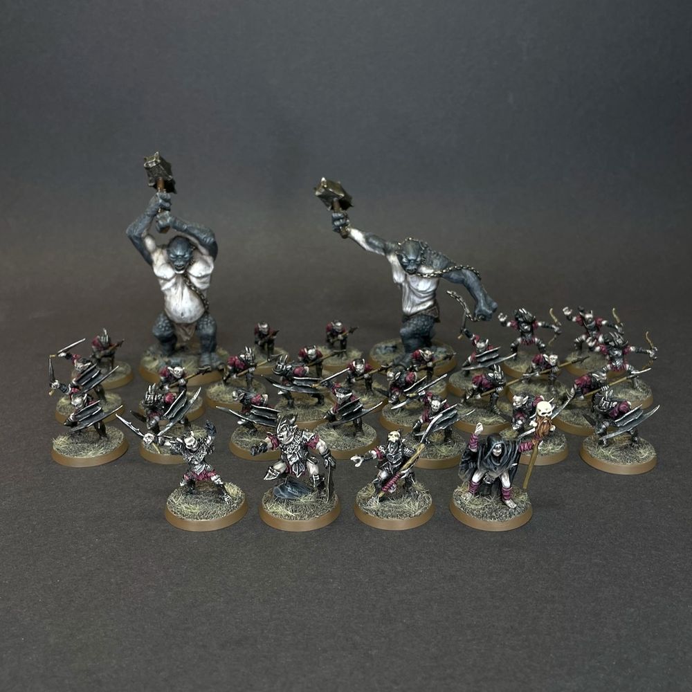 A 450 points Depths of Moria goblin army for Middle Earth Strategy Battle Game featuring two Cave Trolls