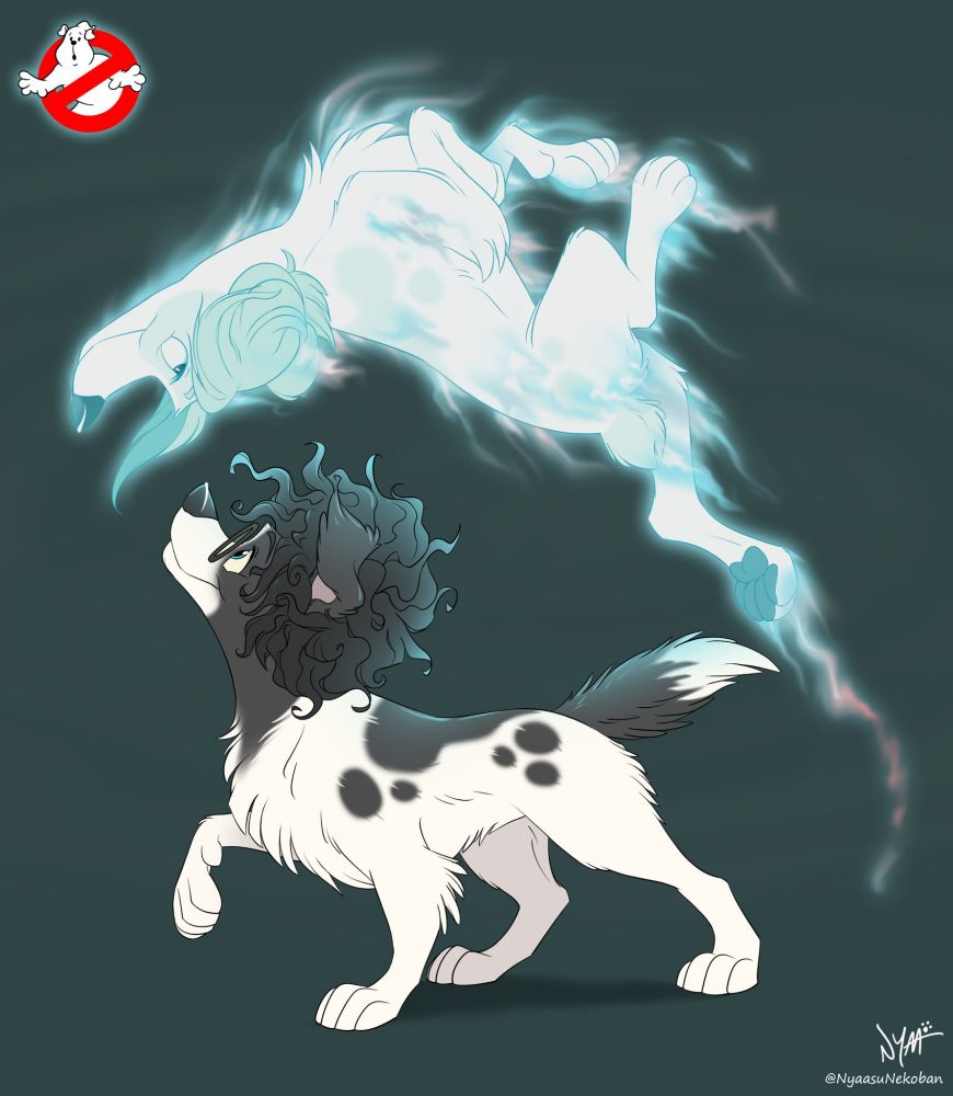 Melody and Phoebe, from Ghostbusters: Frozen Empire, drawn as cartoon dogs. Phoebe is standing below and smiling up at Melody, who is floating above her, upside down, and looking down at her.