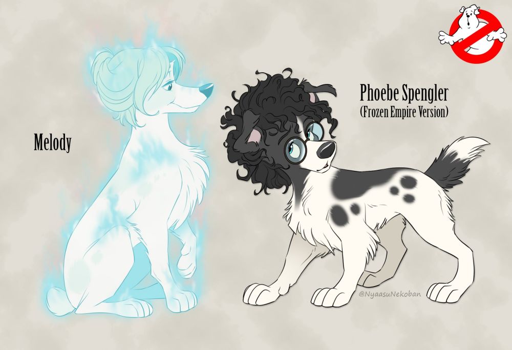 Melody the ghost, from Ghostbusters: Frozen Empire, drawn as a Brittany-type dog. She is blue, transparent, and covered in flames. Next to her is Phoebe, also drawn as a dog, a black and white borzoi/collie mix.