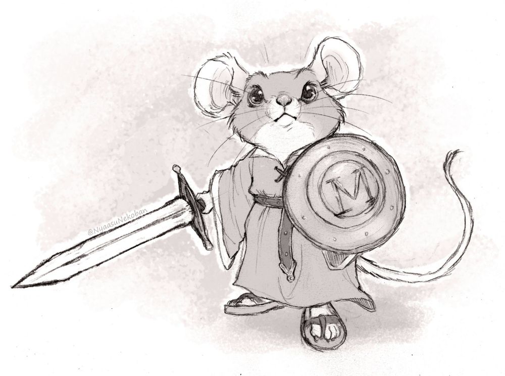 A pencil drawing of Matthias the mouse from Redwall. He is equipped with a sword and a shield, and looks determined.