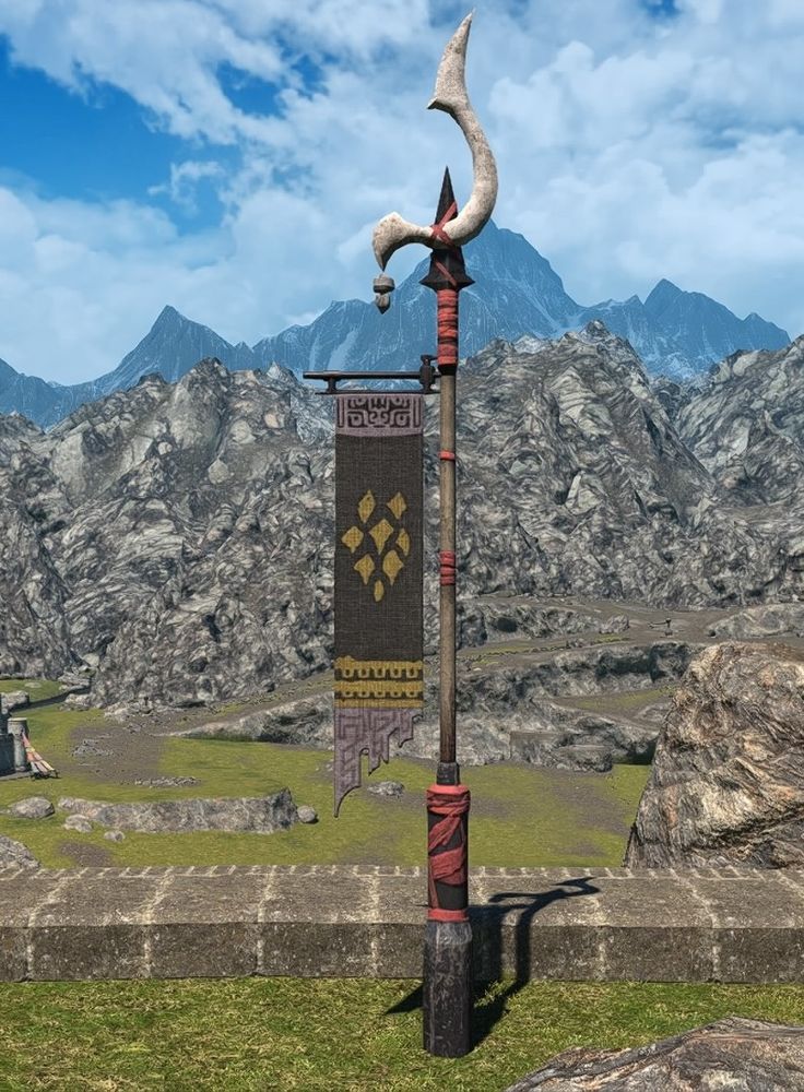 A screenshot of the Oronir tribal banner from Final Fantasy 14. It is a long, rectangular banner with a gray top and bottom. A black background takes up the vast majority of it, with a collection of yellow diamond-esque markings that are arranged in a way that resembles a turtle shell or honey comb.