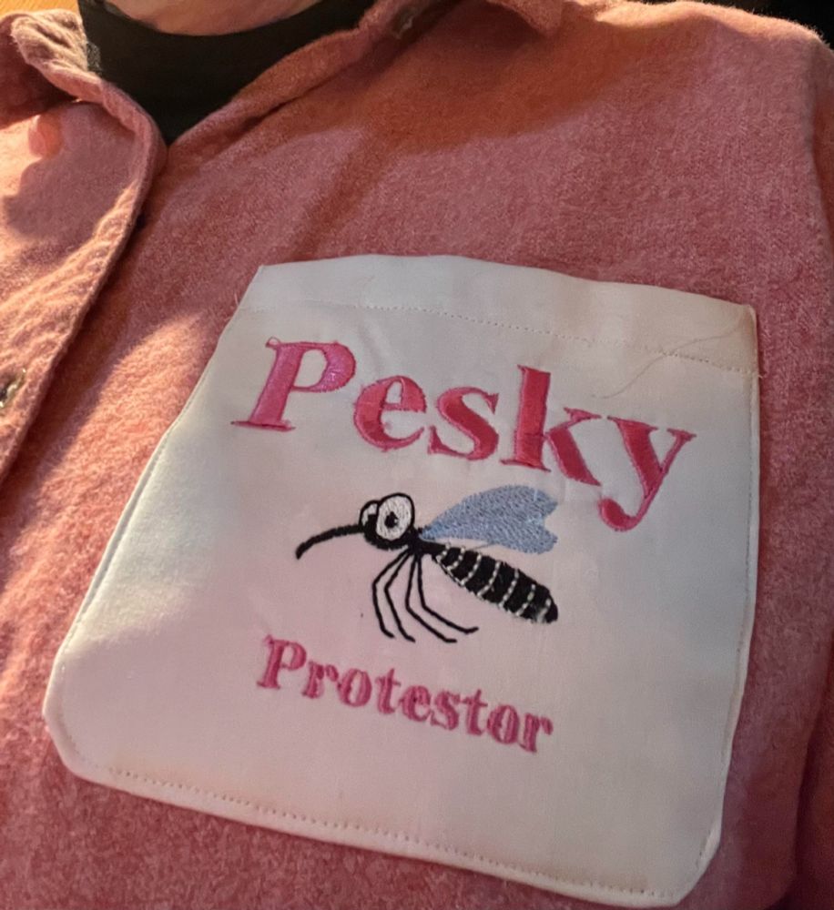 White pocket sewn on an a pink button-up shirt. On the white patch, pink embroidered text says "Pesky Protestor" with an embroidered mosquito between "Pesky" on top and "Protestor" on the bottom. 