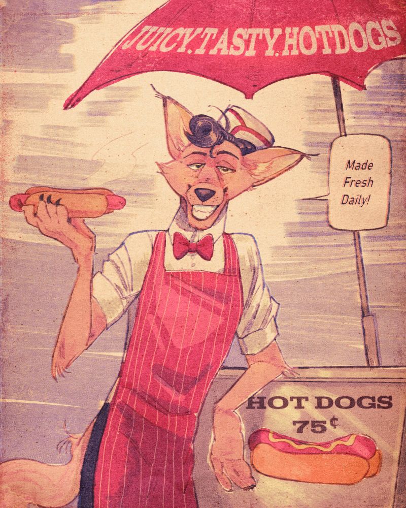 A vintage-style illustrated retro ad for "juicy, tasty hotdogs" with the commissioner's fursona dressed as a retro hotdog vendor, complete with red and white striped apron and paper hat, leaned against a hot dog cart and holding up a steamin' weenie and smiling.