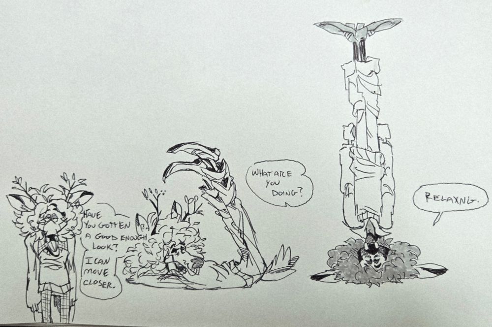 Three doodles of Ashton 
The first one he leans forward towards the viewer, asking "have you gotten a good enough look? I can get closer." 
The second doodle, he is laying down on his back with his legs stick straight up the air. Someone asks him "what are you doing?" The third doodle concludes with him standing on his head, arms to his side. He replies, "relaxing."