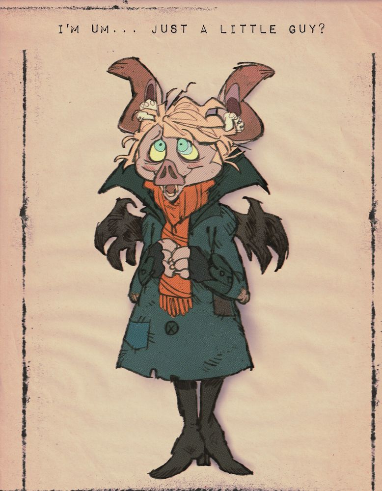 Brewster, a vintage-style anthropomorphic bat in a long coat, scarf and boots, standing sheepishly and saying "I'm um... I'm just a little guy?"