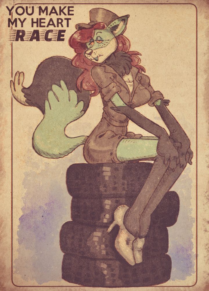 A vintage-style cartoon fox, dressed in a racing or pit crew jumpsuit, sat atop a stack of tires, posing delicately. The text at the top reads, "you make my heart race." 