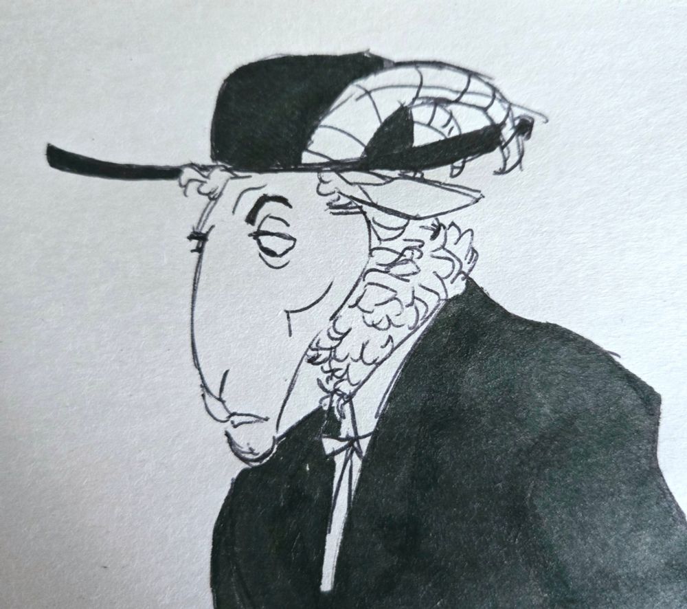 Doodle of ram Harry Powell glaring downward
