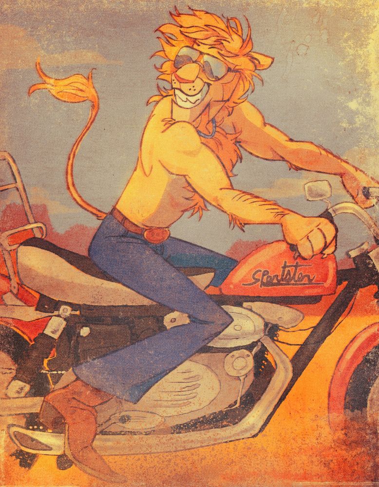 A drawing of 70s actor lion on his motorcycle 