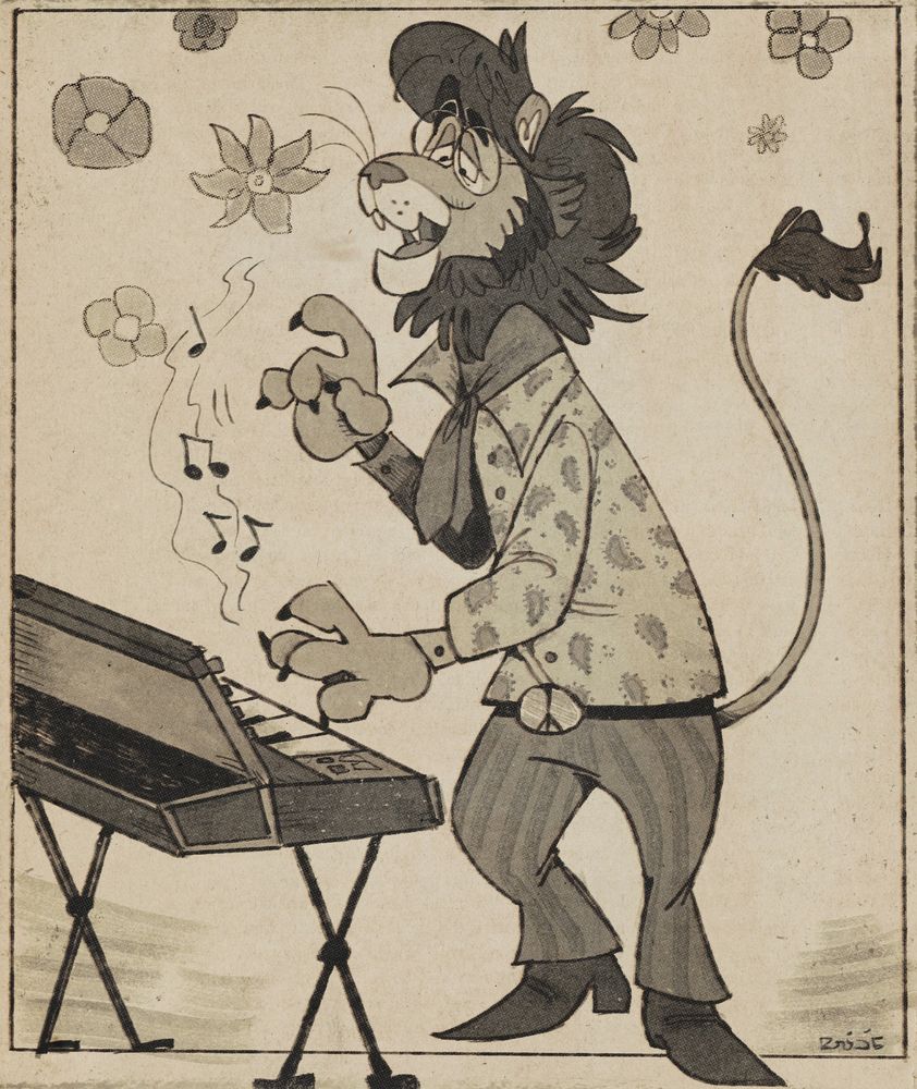 A vintage-style cartoon drawing of an anthropomorphic lion dressed in a paisley shirt, neck handkerchief, bellbottoms, boots, and peace sign belt playing a Minimoog synthesizer. Musical notes and flowers float from the keyboard