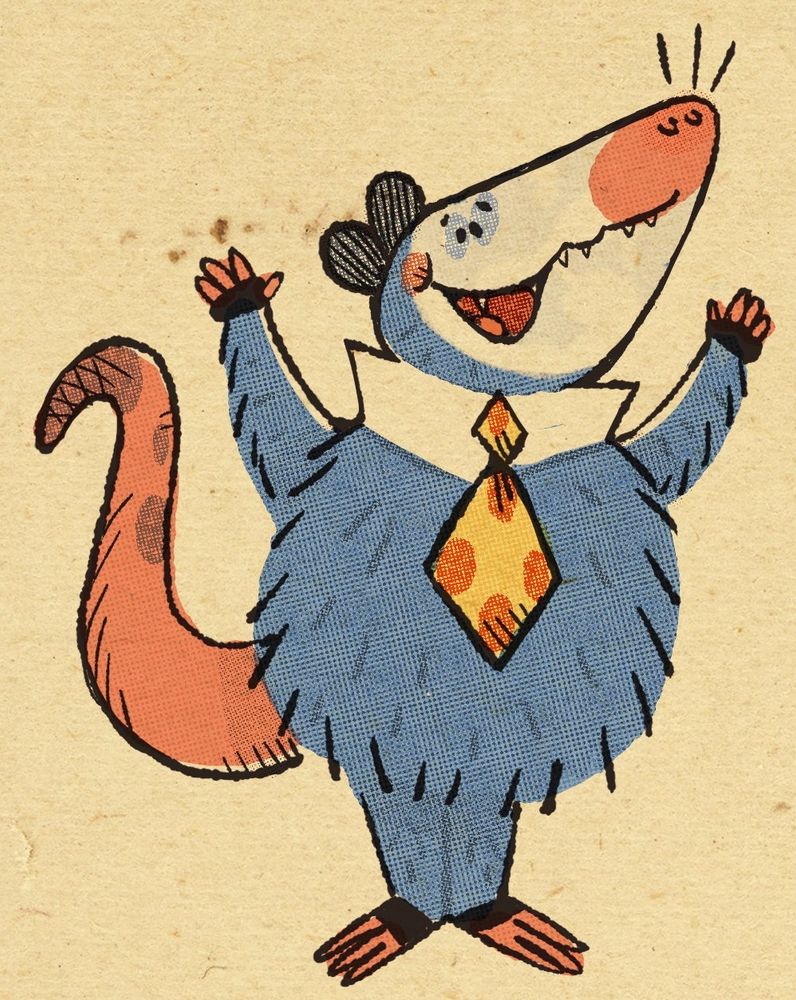 A small vintage drawing of a blue opossum wearing a big yellow and red polkadot tie