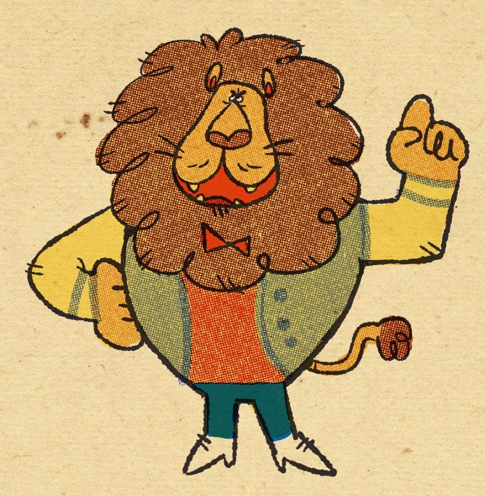 A small vintage drawing of a lion wearing a varsity jacket and bowtie standing triumphantly 