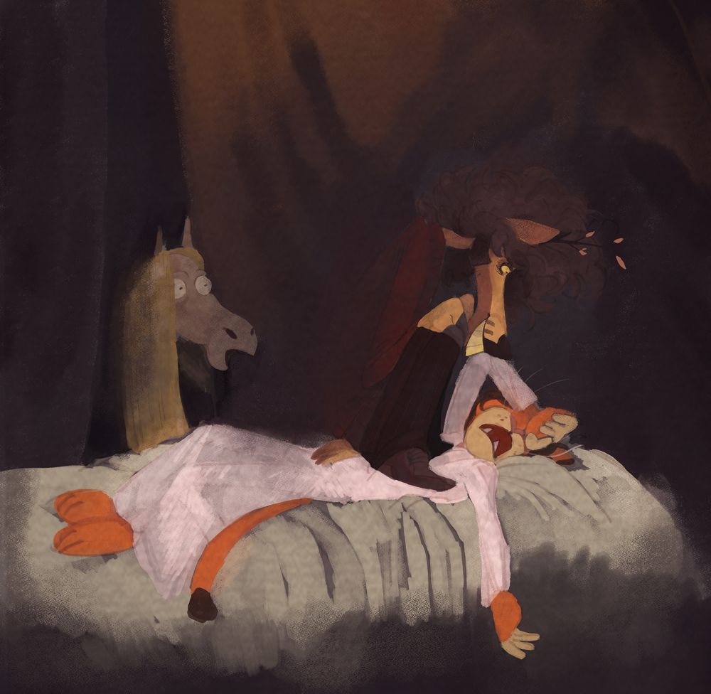 The Nightmare by Henry Fuseli redrawn by me featuring my characters, Ashton as the incubus sitting on my anguished chest and Katie the horse peering from behind the curtains.