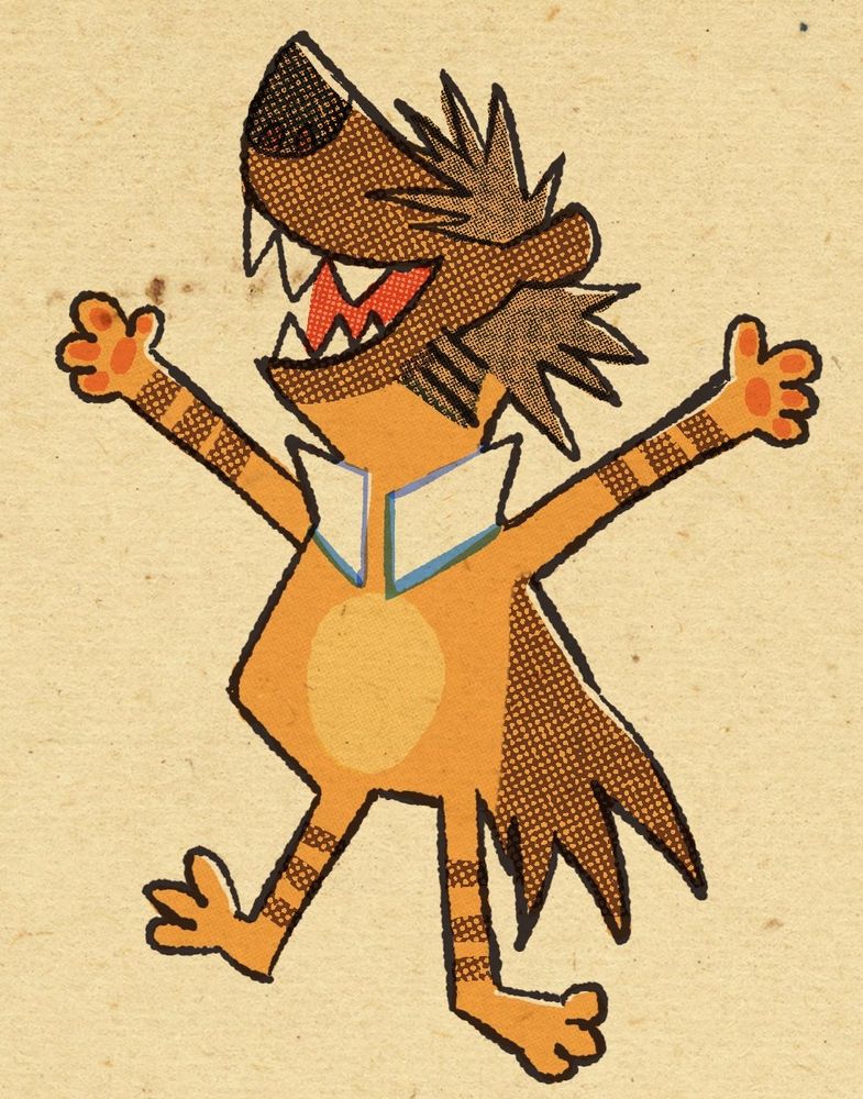A small vintage drawing of a cartoon brown hyena with hair covering the eyes and wearing a shirt collar