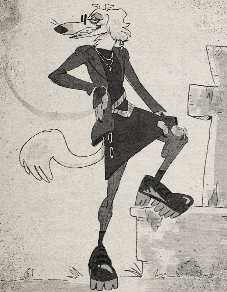 A black and white ink cartoon drawing of a white sighthound dressed head-to-toe in 80s goth attire, standing with one leg up on a grave stone. 