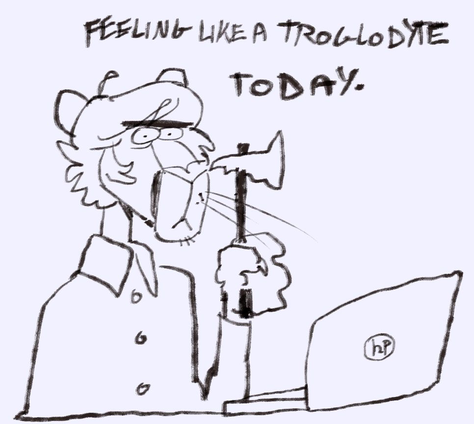 A messy doodle of my fursona with a hammer, posed over a computer looking rather grumpy. The text above reads "feeling like a troglodyte today."