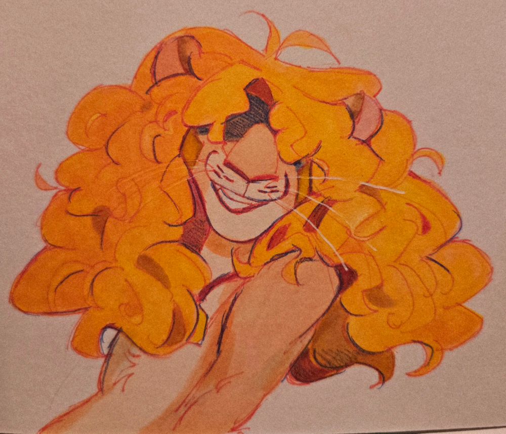 A marker drawing of an anthropomorphic lion with a head full of big, poofy blonde curly hair that covers his eyes