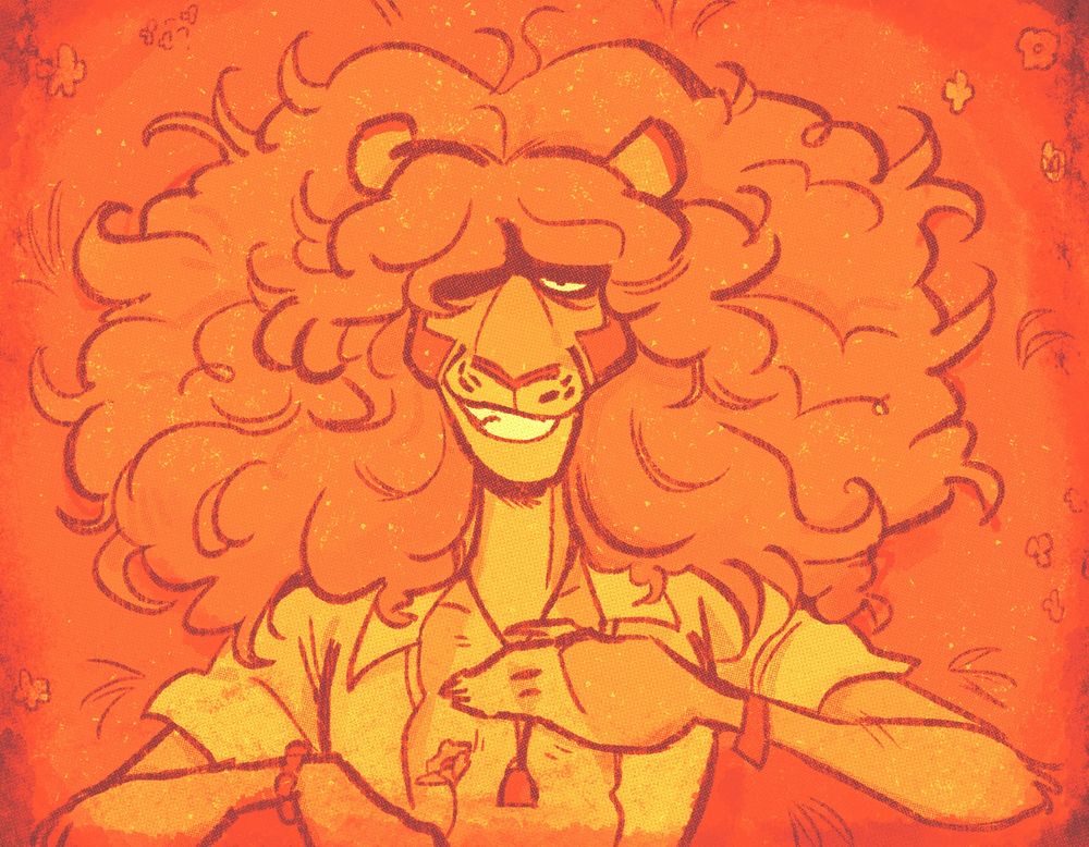 A very orange drawing of an above bust shot of Les Hammerton, the lion, laying down in the grass.  