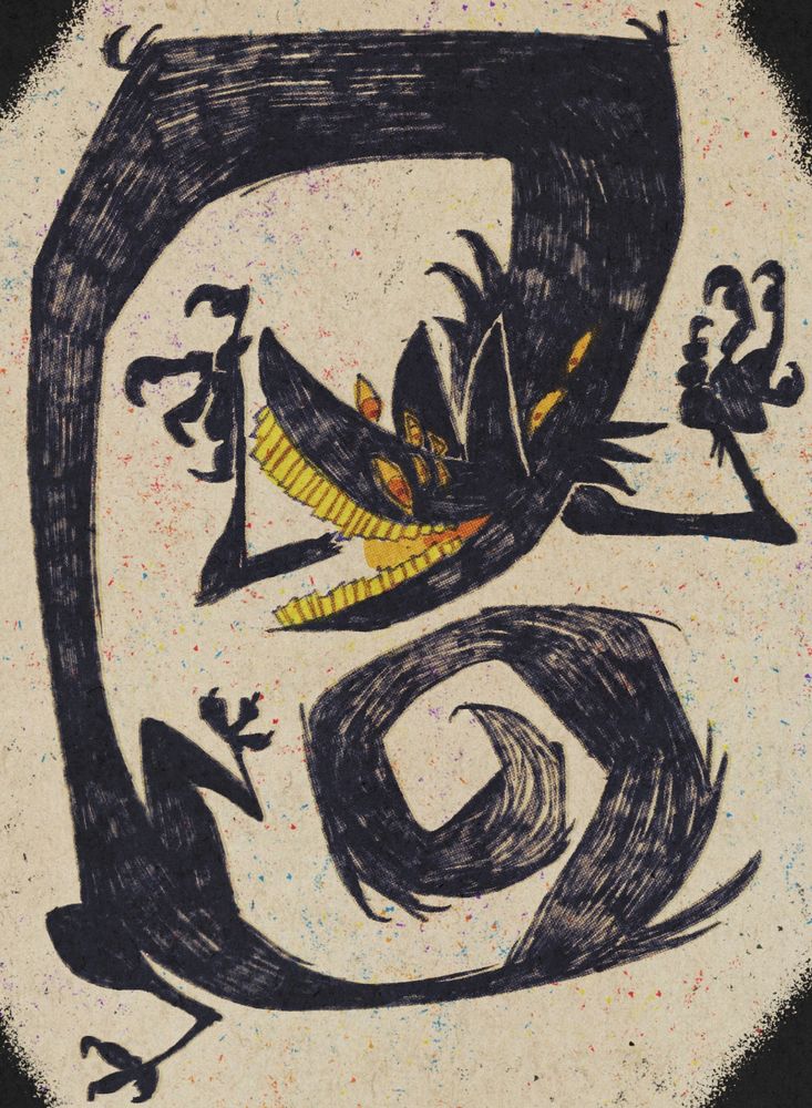 A long and noodly black dog mass with lots of yellow eyes and large blunt yellow teeth, grinning and snaking into a spiral