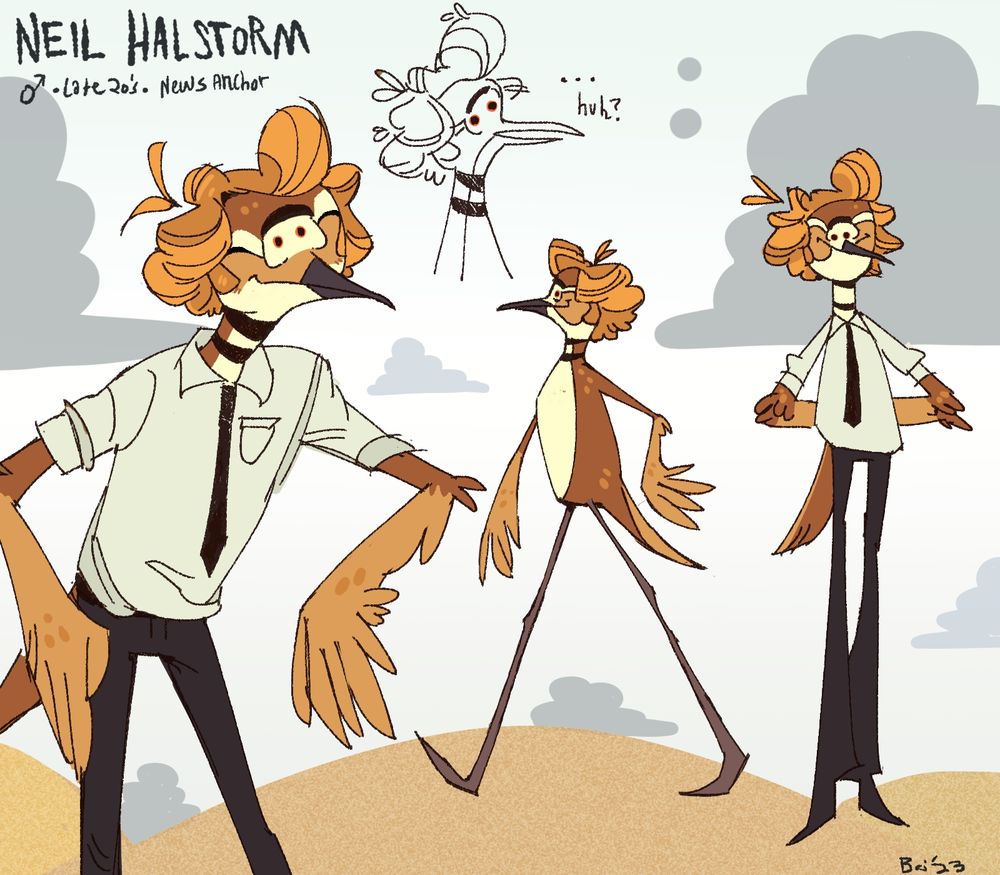 A reference sheet for my character Neil Halstorm, a Killdeer news anchor from the 50s 