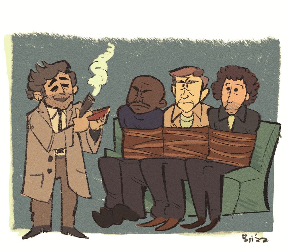 A drawing of Columbo in the movie The Thing (1982) with the crew tied to the couch during the interrogation scene, while he holds his cigar over a petri dish of blood.