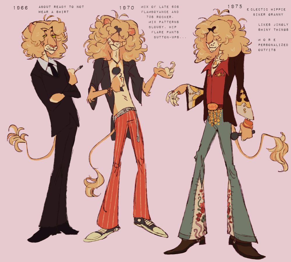 Les hammerton in various stages of fashion throughout his career. 1966 sees him in a simple black suit and tie. 1970 is his open black button up shirt and red and white striped flare pants and cloth sneakers. 1975 he's dressed very eclectic in a dark brown blouse with gold and white floral trim up the sleeves, a red shirt with gold inlay, a big belt with gold coins that drape over his waist, and altered bell bottom jeans with intricate floral patches that run up the inseams. 
The text:
1966. About ready to not wear a shirt.
1970. Mix of late 60s flamboyance and 70s rocker. Mix patterns, blousey, hip, flare pants, button ups...
1975. Eclectic hippie biker granny. Likes jingly shiny things. More personalized outfits.