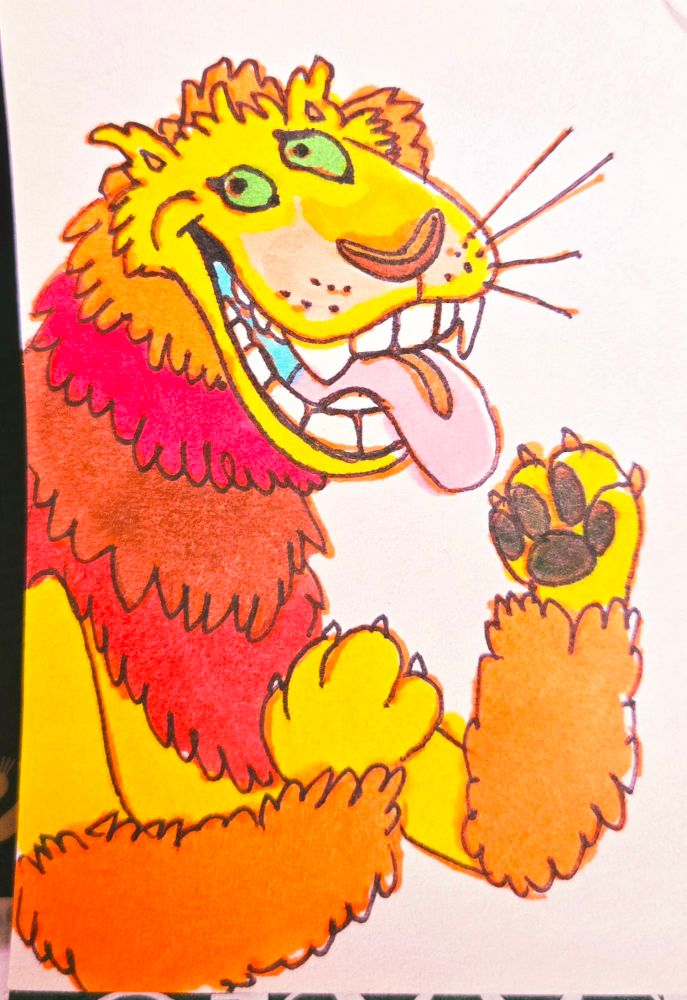 A pen and marker drawing of a freaky looking laughing lion. His tongue is sticking out, his teeth are perhaps a bit too human, and his fur is an array of warm colors. End description.