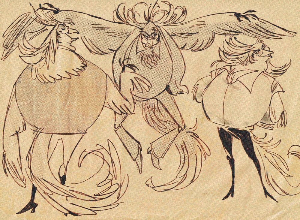 Three sketches in a row of a top-heavy anthropomorphic Phoenix who is quite stylish and a little bit intimidating 