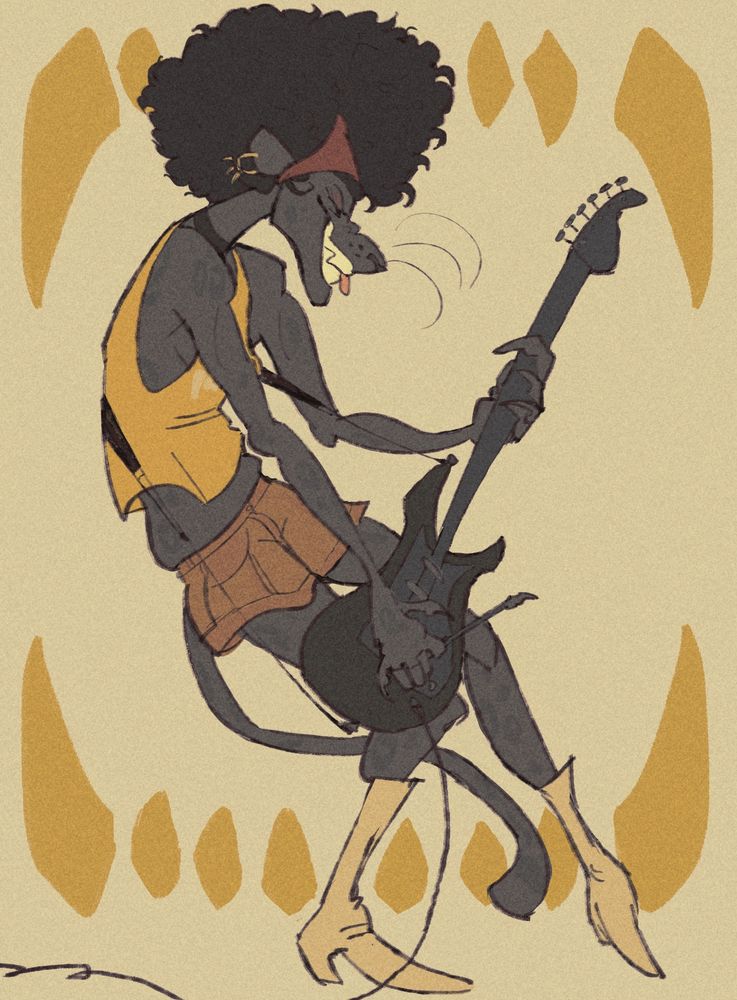 A digital drawing of an anthropomorphic black panther woman playing electric guitar energetically.