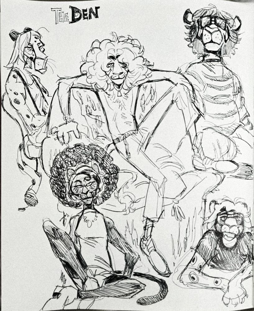 A pen doodle of a 70s band consisting of 5 anthropomorphic big cats called "The Den" 