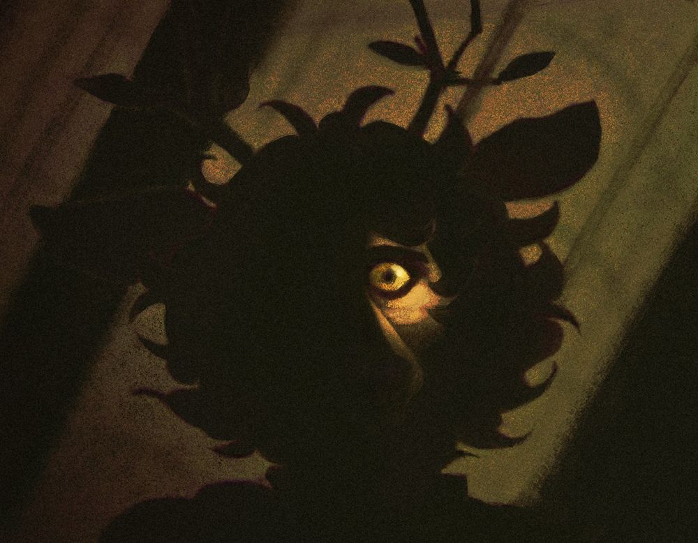 A digital painting of an anthropomorphic deer in a shadowy room with a single beam of light cast upon his wide, wild and staring eye, directed at the camera. Inspired by a frame from the movie Black Christmas (1974).
