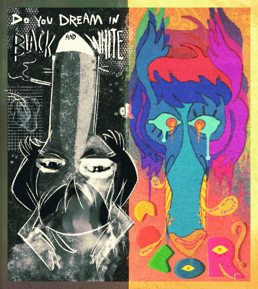 A surrealist two panel piece, one side in black and white, the other side in hyper chromatic colors with the same dog head on both sides, inverted to the other. The text scrolls across the piece and reads (on the black and white side): "Do you dream in black and white... (on the color side) or color?"
Blobby speech bubbles emerge from the colorful dog's mouth, reading: do you dream of me or of another?"