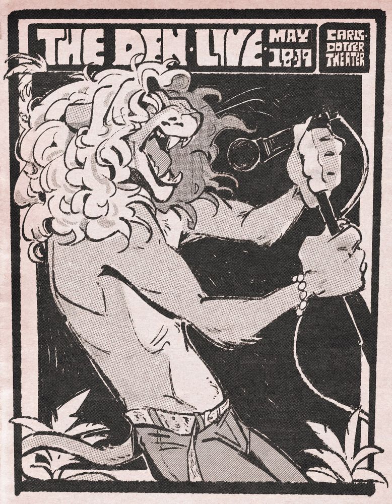 A black and white 1970s vintage-style poster for the fictional band called The Den. the lead singer, a lion with long curly hair that obscures his eyes, is wailing into a microphone, is front and center 