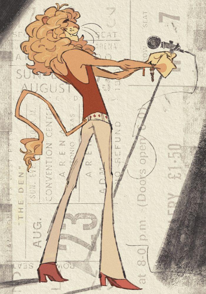 A drawing of Les Hammerton standing with a microphone 