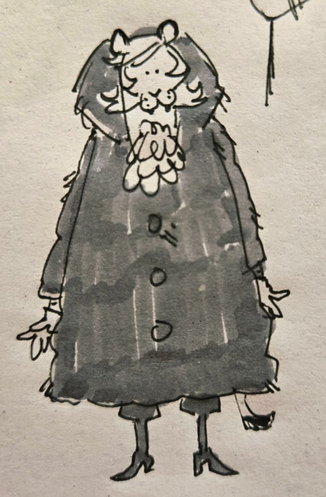A doodle of me wearing my totally normal giant faux fur coat and a ruffled blouse