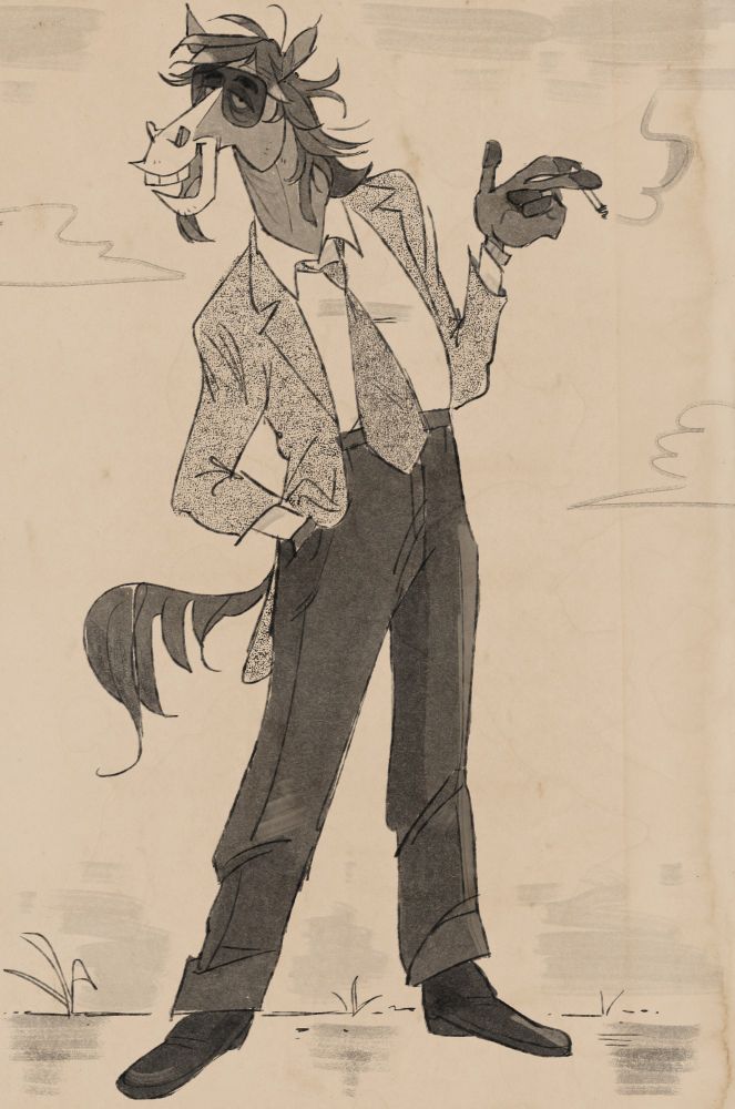 Black and white digital ink drawing of a bipedal anthropomorphic horse wesrinf a suit, large sunglasses, smoking a cigarette with one hand in his pocket on vintage paper. End description.