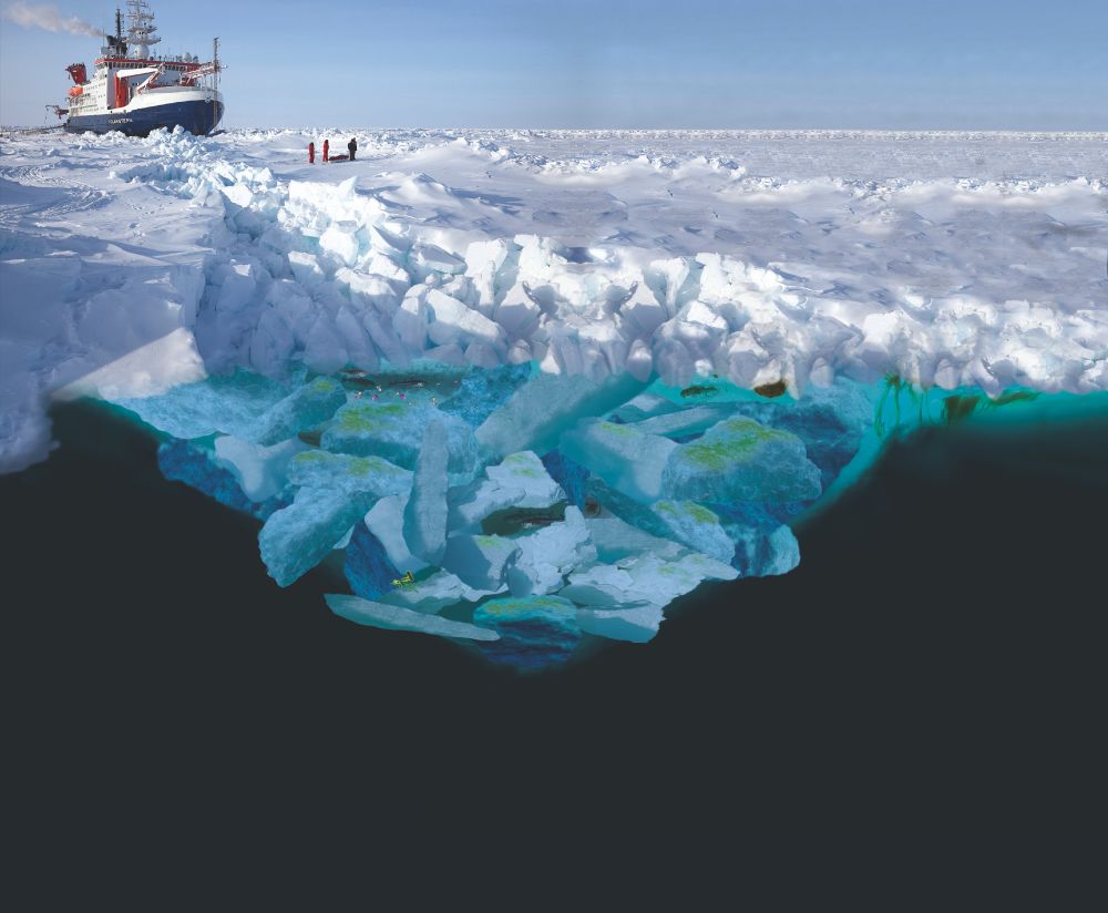 Illustration of a sea-ice ridge with Polastern in the background. Credits EU Research magazine (Spring 2024 - http://dx.doi.org/10.56181/WPBH7703). 