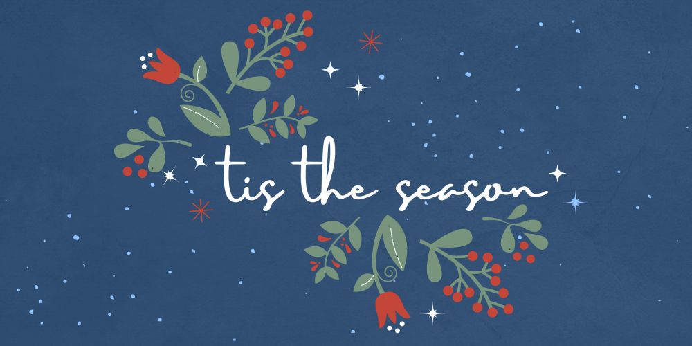 tis the season - dark blue background with stars and snow - graphic elements of holly and winter berries.